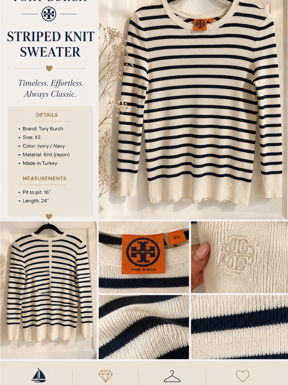Tory Burch Navy Ivory Striped Knit Sweater XS Long Sleeve Nautical Preppy